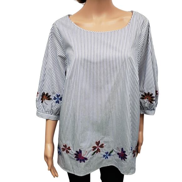 Eloquii Blouse Tunic Top Plus14 Blue White Pinstriped Floral Embroidered Boho - Picture 2 of 14